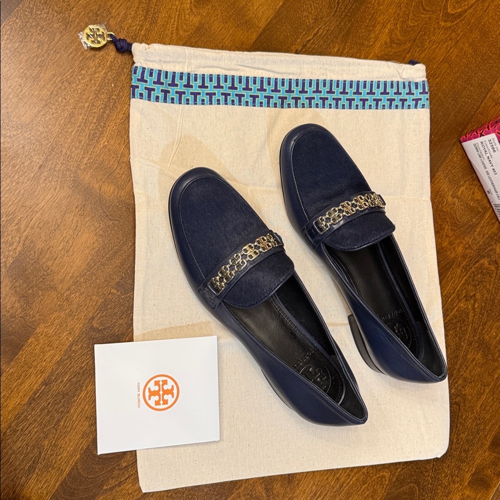 Tory Burch Royal Navy Gemini Leather/Brushed Hair  Loafers with Gold Detail - Picture 9 of 9